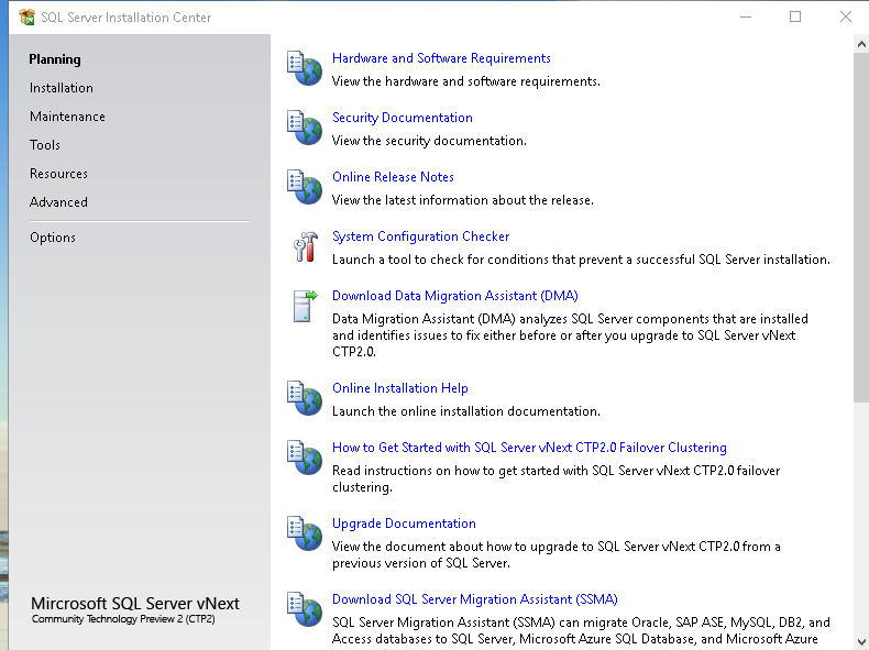 SQL Server Installation Center and its options