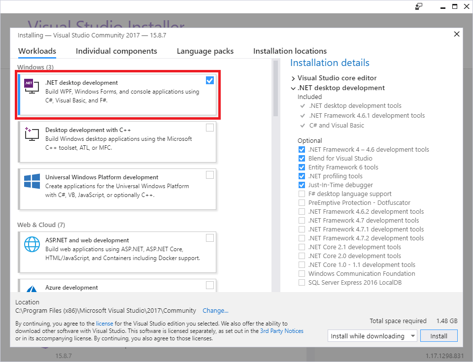 Giao diện Visual Studio Installer