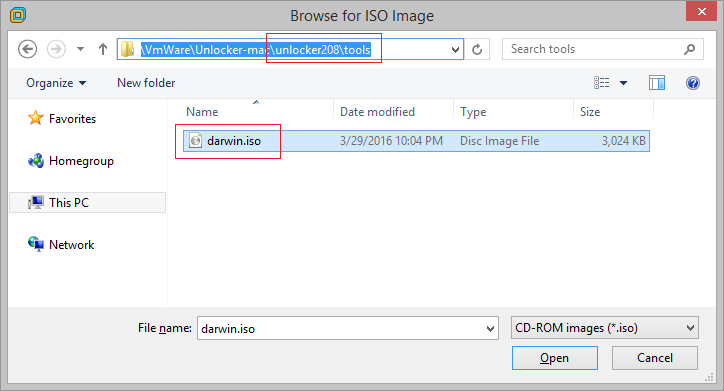 Chọn file ios trong thư mục unclock mà chúng ta sử dụng để k1ich họa VMWare lúc đầu