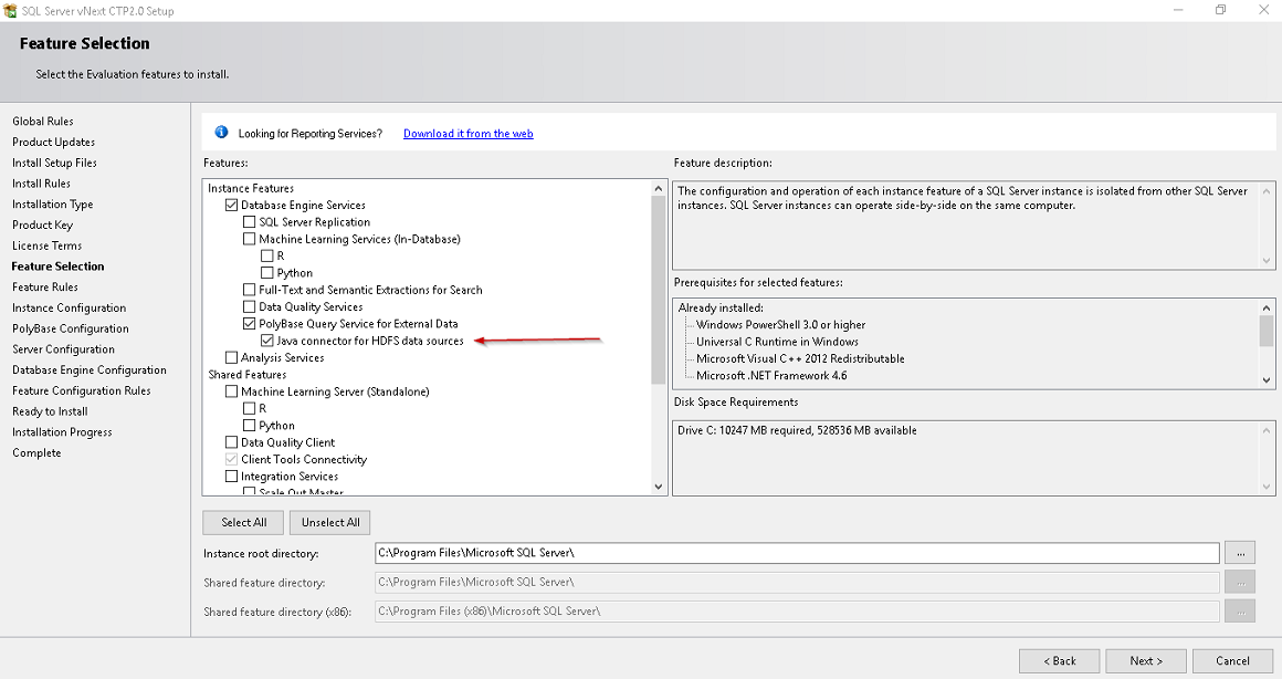 Feature selection in SQL Server vNext CTP 2.0