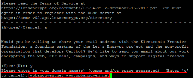 Nhập domain để đăng ký SSL Lets Encrypt