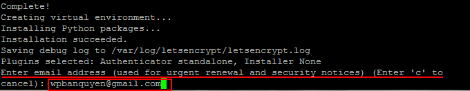 Nhập email đăng ký Lets Encrypt